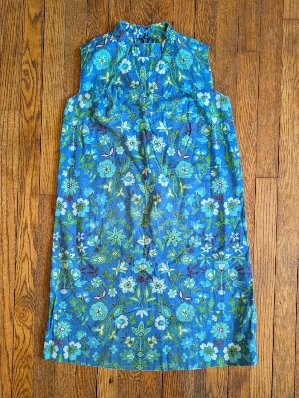 Vintage 60's Blue & Green Floral Sleeveless Shift Dress